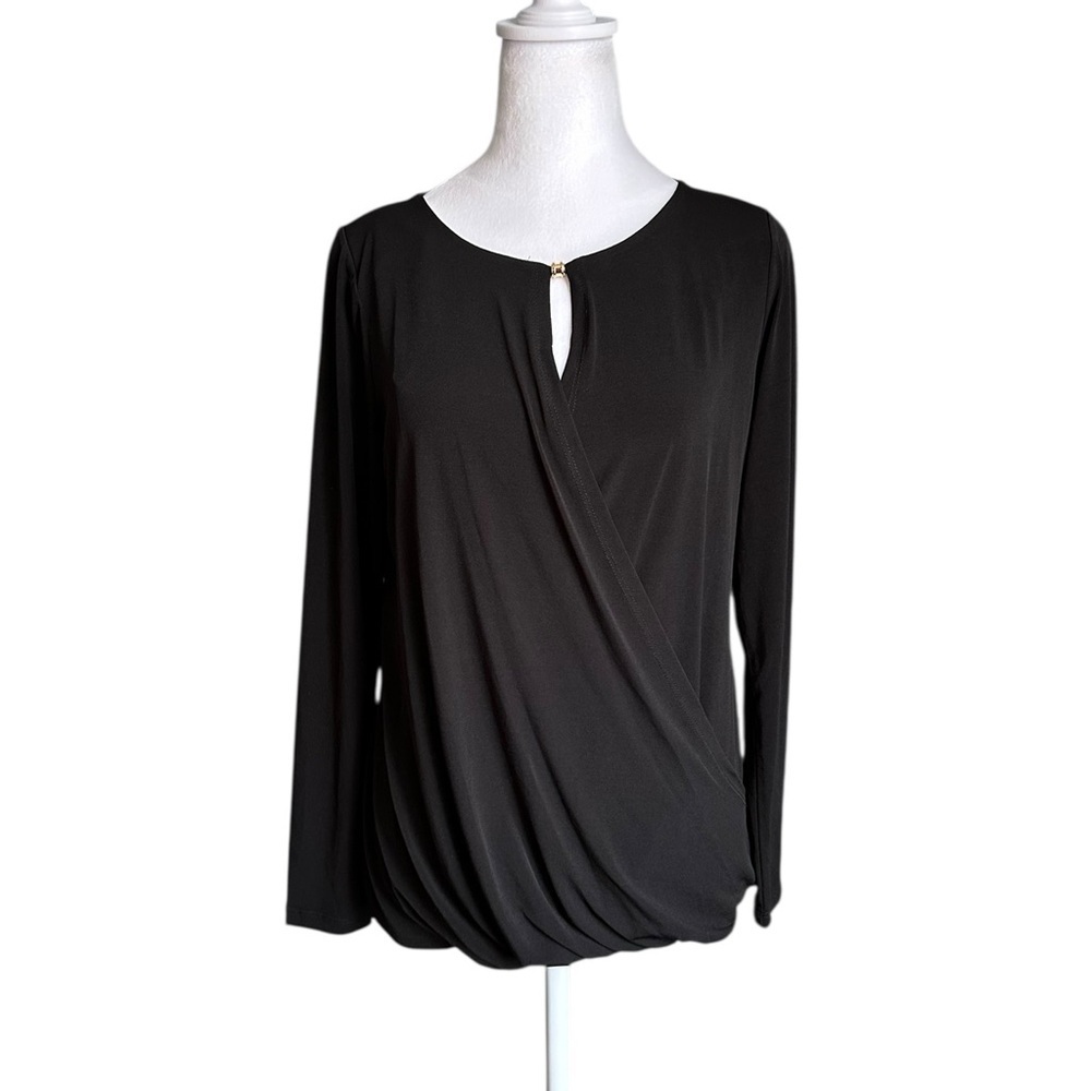 Ivanka Trump Career Solid Black Preppy Crossover Long Sleeve Top Size S/M